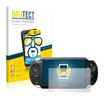 Vorderseite einer Produktverpackung mit dem Markenlogo BROTECT. Daneben ist das Gerät Sony Playstation Vita mit dem zugehörige