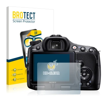 Vorderseite einer Produktverpackung mit dem Markenlogo BROTECT. Daneben ist das Gerät Sony Alpha 65V (SLT-A65V) mit dem zugehö