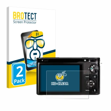 Vorderseite einer Produktverpackung mit dem Markenlogo BROTECT. Daneben ist das Gerät Nikon 1 J1 mit dem zugehörigen Displaysc