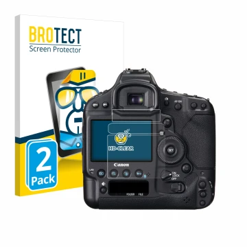 Vorderseite einer Produktverpackung mit dem Markenlogo BROTECT. Daneben ist das Gerät Canon EOS 1D X mit dem zugehörigen Displ