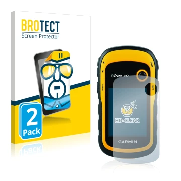 Vorderseite einer Produktverpackung mit dem Markenlogo BROTECT. Daneben ist das Gerät Garmin eTrex 10 mit dem zugehörigen Disp