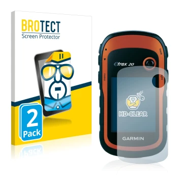 Vorderseite einer Produktverpackung mit dem Markenlogo BROTECT. Daneben ist das Gerät Garmin eTrex 20 mit dem zugehörigen Disp