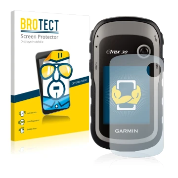 Vorderseite einer Produktverpackung mit dem Markenlogo BROTECT. Daneben ist das Gerät Garmin eTrex 30 mit dem zugehörigen Disp