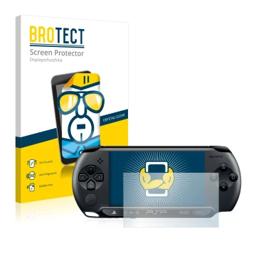 Vorderseite einer Produktverpackung mit dem Markenlogo BROTECT. Daneben ist das Gerät Sony PSP Street E1004 mit dem zugehörige