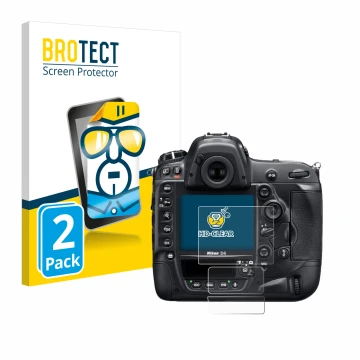 Vorderseite einer Produktverpackung mit dem Markenlogo BROTECT. Daneben ist das Gerät Nikon D4 mit dem zugehörigen Displayschu