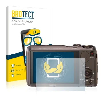 Vorderseite einer Produktverpackung mit dem Markenlogo BROTECT. Daneben ist das Gerät Sony Cyber-Shot DSC-HX20V mit dem zugehö