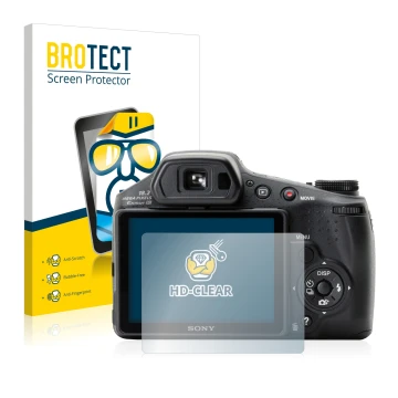 Vorderseite einer Produktverpackung mit dem Markenlogo BROTECT. Daneben ist das Gerät Sony Cyber-Shot DSC-HX200V mit dem zugeh