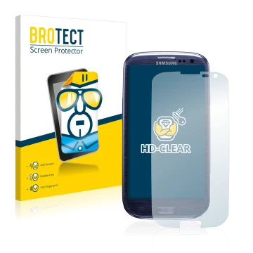 Vorderseite einer Produktverpackung mit dem Markenlogo BROTECT. Daneben ist das Gerät Samsung Galaxy S3 I9300 mit dem zugehöri