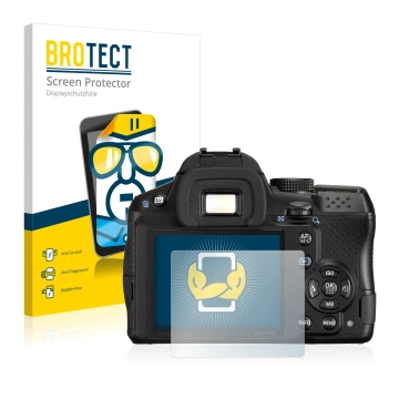 Vorderseite einer Produktverpackung mit dem Markenlogo BROTECT. Daneben ist das Gerät Pentax K-30 mit dem zugehörigen Displays