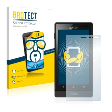 Vorderseite einer Produktverpackung mit dem Markenlogo BROTECT. Daneben ist das Gerät Sony Xperia Sola MT27i mit dem zugehörig