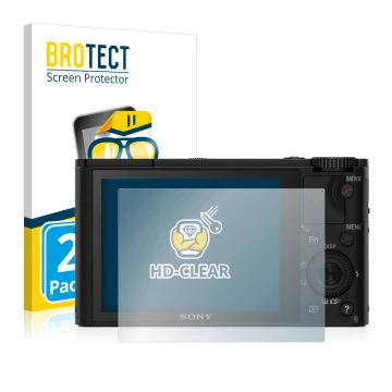Vorderseite einer Produktverpackung mit dem Markenlogo BROTECT. Daneben ist das Gerät Sony Cyber-Shot DSC-RX100 mit dem zugehö