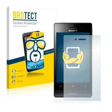 Vorderseite einer Produktverpackung mit dem Markenlogo BROTECT. Daneben ist das Gerät Sony Xperia Miro ST23a ST23i mit dem zug