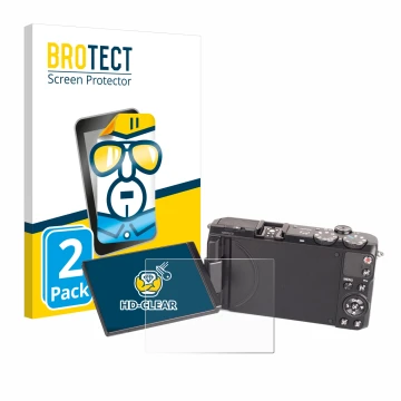 Vorderseite einer Produktverpackung mit dem Markenlogo BROTECT. Daneben ist das Gerät Samsung EX2F mit dem zugehörigen Display