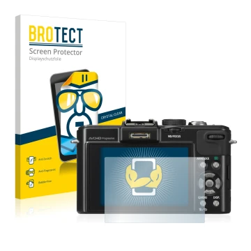 Vorderseite einer Produktverpackung mit dem Markenlogo BROTECT. Daneben ist das Gerät Panasonic Lumix DMC-LX7 mit dem zugehöri