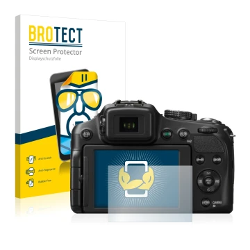 Vorderseite einer Produktverpackung mit dem Markenlogo BROTECT. Daneben ist das Gerät Panasonic Lumix DMC-FZ200 mit dem zugehö