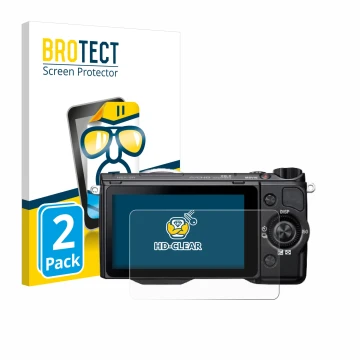 Vorderseite einer Produktverpackung mit dem Markenlogo BROTECT. Daneben ist das Gerät Sony Alpha NEX-5R mit dem zugehörigen Di