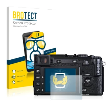 Vorderseite einer Produktverpackung mit dem Markenlogo BROTECT. Daneben ist das Gerät Fujifilm X-E1 mit dem zugehörigen Displa