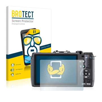 Vorderseite einer Produktverpackung mit dem Markenlogo BROTECT. Daneben ist das Gerät Pentax Q10 mit dem zugehörigen Displaysc