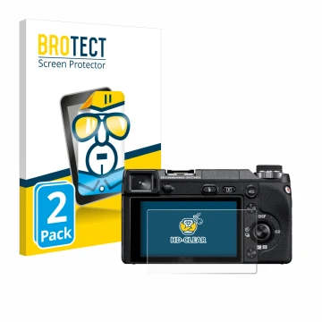 Vorderseite einer Produktverpackung mit dem Markenlogo BROTECT. Daneben ist das Gerät Sony Alpha NEX-6 mit dem zugehörigen Dis