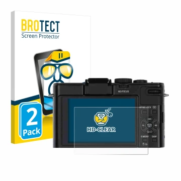 Vorderseite einer Produktverpackung mit dem Markenlogo BROTECT. Daneben ist das Gerät Leica D-Lux 6 mit dem zugehörigen Displa