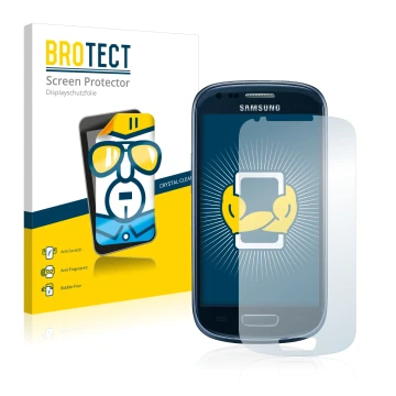 Vorderseite einer Produktverpackung mit dem Markenlogo BROTECT. Daneben ist das Gerät Samsung Galaxy S3 Mini I8190 mit dem zug