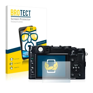 Vorderseite einer Produktverpackung mit dem Markenlogo BROTECT. Daneben ist das Gerät Fujifilm X20 mit dem zugehörigen Display
