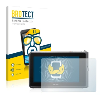 Vorderseite einer Produktverpackung mit dem Markenlogo BROTECT. Daneben ist das Gerät Sony Cyber-Shot DSC-TX30 mit dem zugehör
