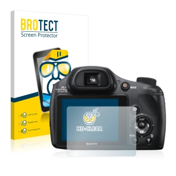Vorderseite einer Produktverpackung mit dem Markenlogo BROTECT. Daneben ist das Gerät Sony Cyber-Shot DSC-HX300 mit dem zugehö
