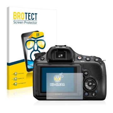 Vorderseite einer Produktverpackung mit dem Markenlogo BROTECT. Daneben ist das Gerät Sony Alpha 58 (SLT-A58) mit dem zugehöri