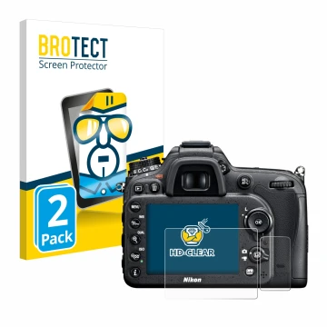 Vorderseite einer Produktverpackung mit dem Markenlogo BROTECT. Daneben ist das Gerät Nikon D7100 mit dem zugehörigen Displays