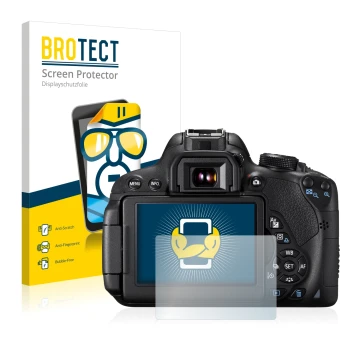 Vorderseite einer Produktverpackung mit dem Markenlogo BROTECT. Daneben ist das Gerät Canon EOS 700D mit dem zugehörigen Displ