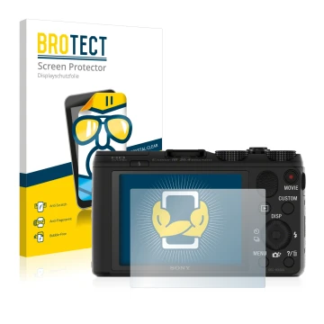 Vorderseite einer Produktverpackung mit dem Markenlogo BROTECT. Daneben ist das Gerät Sony Cyber-Shot DSC-HX50V mit dem zugehö