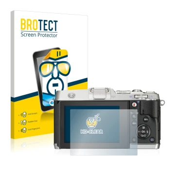 Vorderseite einer Produktverpackung mit dem Markenlogo BROTECT. Daneben ist das Gerät Olympus PEN E-P5 mit dem zugehörigen Dis