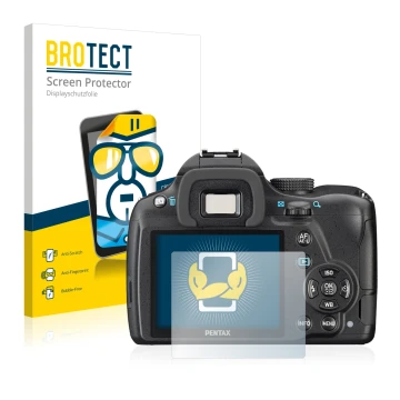 Vorderseite einer Produktverpackung mit dem Markenlogo BROTECT. Daneben ist das Gerät Pentax K-50 mit dem zugehörigen Displays
