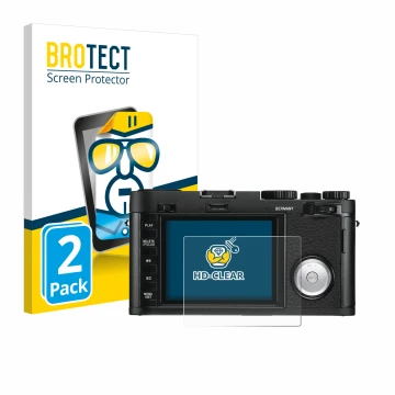 Vorderseite einer Produktverpackung mit dem Markenlogo BROTECT. Daneben ist das Gerät Leica X Vario mit dem zugehörigen Displa