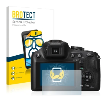 Vorderseite einer Produktverpackung mit dem Markenlogo BROTECT. Daneben ist das Gerät Panasonic Lumix DMC-FZ72 mit dem zugehör