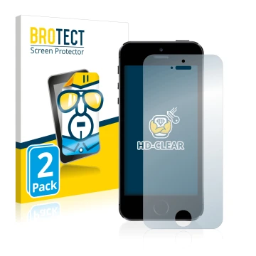 Vorderseite einer Produktverpackung mit dem Markenlogo BROTECT. Daneben ist das Gerät Apple iPhone 5S mit dem zugehörigen Disp