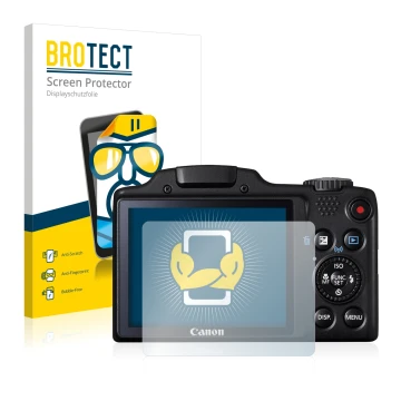 Vorderseite einer Produktverpackung mit dem Markenlogo BROTECT. Daneben ist das Gerät Canon PowerShot SX510 HS mit dem zugehör