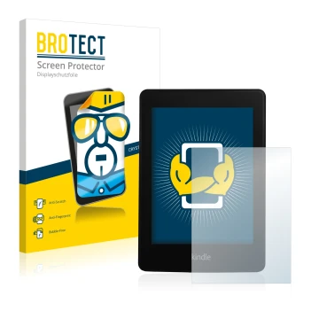 Vorderseite einer Produktverpackung mit dem Markenlogo BROTECT. Daneben ist das Gerät Amazon Kindle Paperwhite 2013 mit dem zu