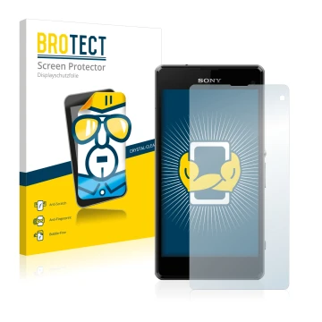 Vorderseite einer Produktverpackung mit dem Markenlogo BROTECT. Daneben ist das Gerät Sony Xperia Z1 Compact D5503 mit dem zug