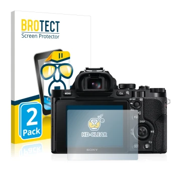 Vorderseite einer Produktverpackung mit dem Markenlogo BROTECT. Daneben ist das Gerät Sony Alpha 7 (ILCE-7) mit dem zugehörige