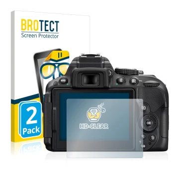 Vorderseite einer Produktverpackung mit dem Markenlogo BROTECT. Daneben ist das Gerät Nikon D5300 mit dem zugehörigen Displays