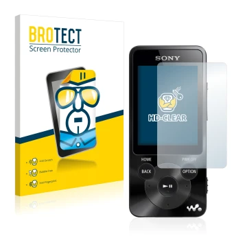 Vorderseite einer Produktverpackung mit dem Markenlogo BROTECT. Daneben ist das Gerät Sony Walkman NWZ-E585 mit dem zugehörige