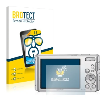 Vorderseite einer Produktverpackung mit dem Markenlogo BROTECT. Daneben ist das Gerät Sony Cyber-Shot DSC-W830 mit dem zugehör