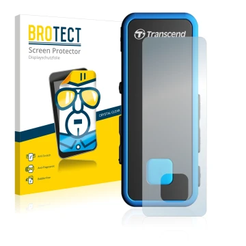 Vorderseite einer Produktverpackung mit dem Markenlogo BROTECT. Daneben ist das Gerät Transcend MP350 mit dem zugehörigen Disp