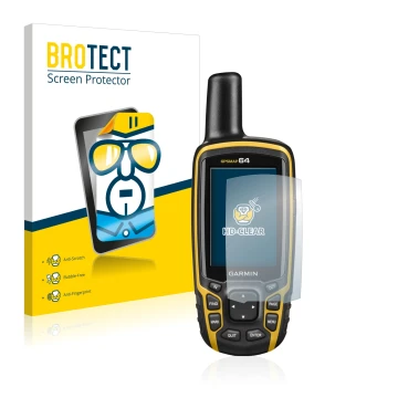 Vorderseite einer Produktverpackung mit dem Markenlogo BROTECT. Daneben ist das Gerät Garmin GPSMAP 64 mit dem zugehörigen Dis