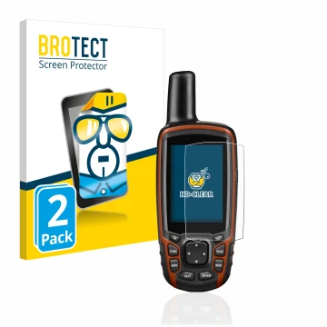 Vorderseite einer Produktverpackung mit dem Markenlogo BROTECT. Daneben ist das Gerät Garmin GPSMAP 64s mit dem zugehörigen Di