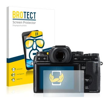 Vorderseite einer Produktverpackung mit dem Markenlogo BROTECT. Daneben ist das Gerät Fujifilm X-T1 mit dem zugehörigen Displa