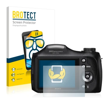 Vorderseite einer Produktverpackung mit dem Markenlogo BROTECT. Daneben ist das Gerät Sony Cyber-Shot DSC-H300 mit dem zugehör