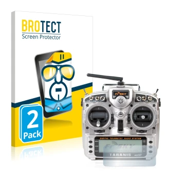 Vorderseite einer Produktverpackung mit dem Markenlogo BROTECT. Daneben ist das Gerät FrSky Taranis X9D mit dem zugehörigen Di